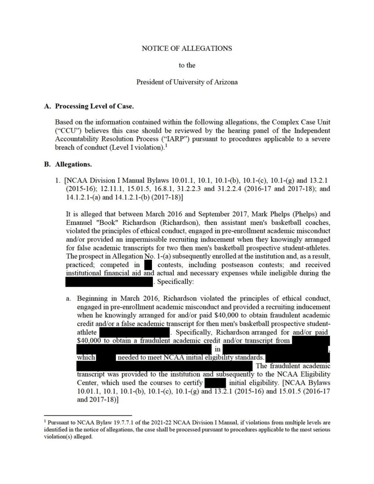 Arizona's updated Notice of Allegations