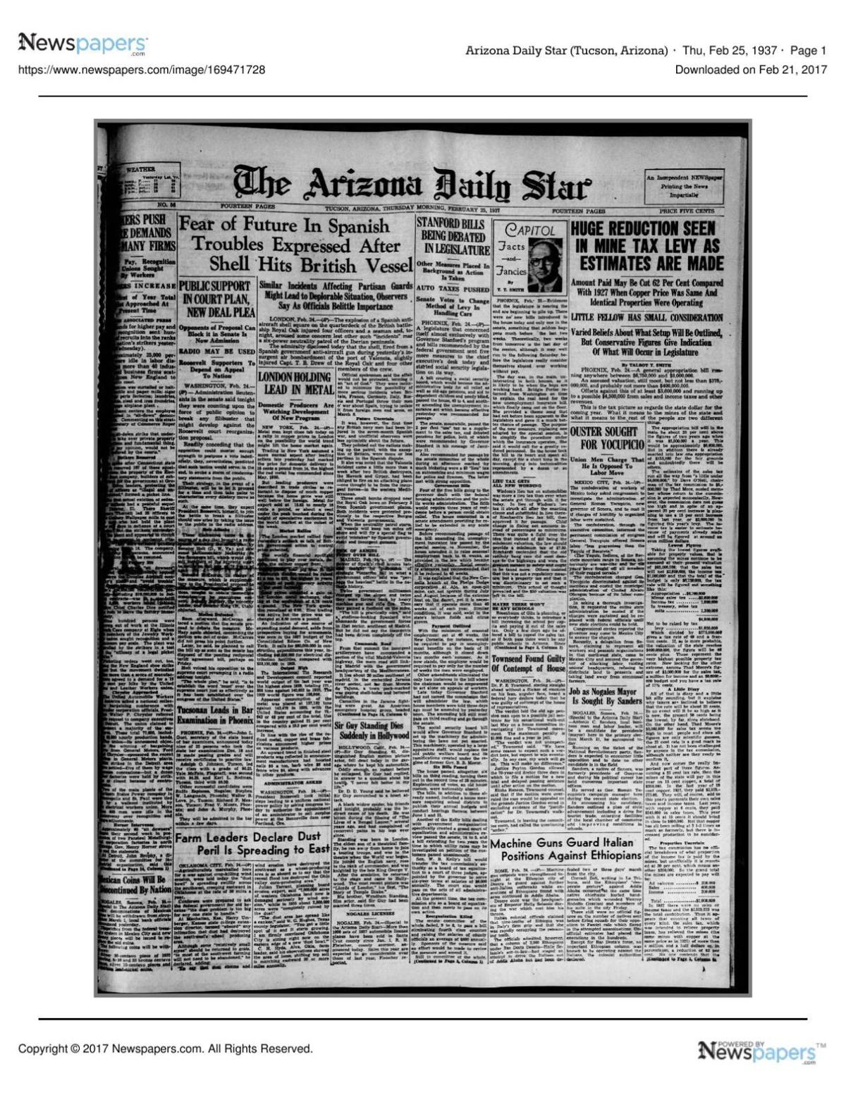 Arizona Daily Star front page Feb. 25, 1937