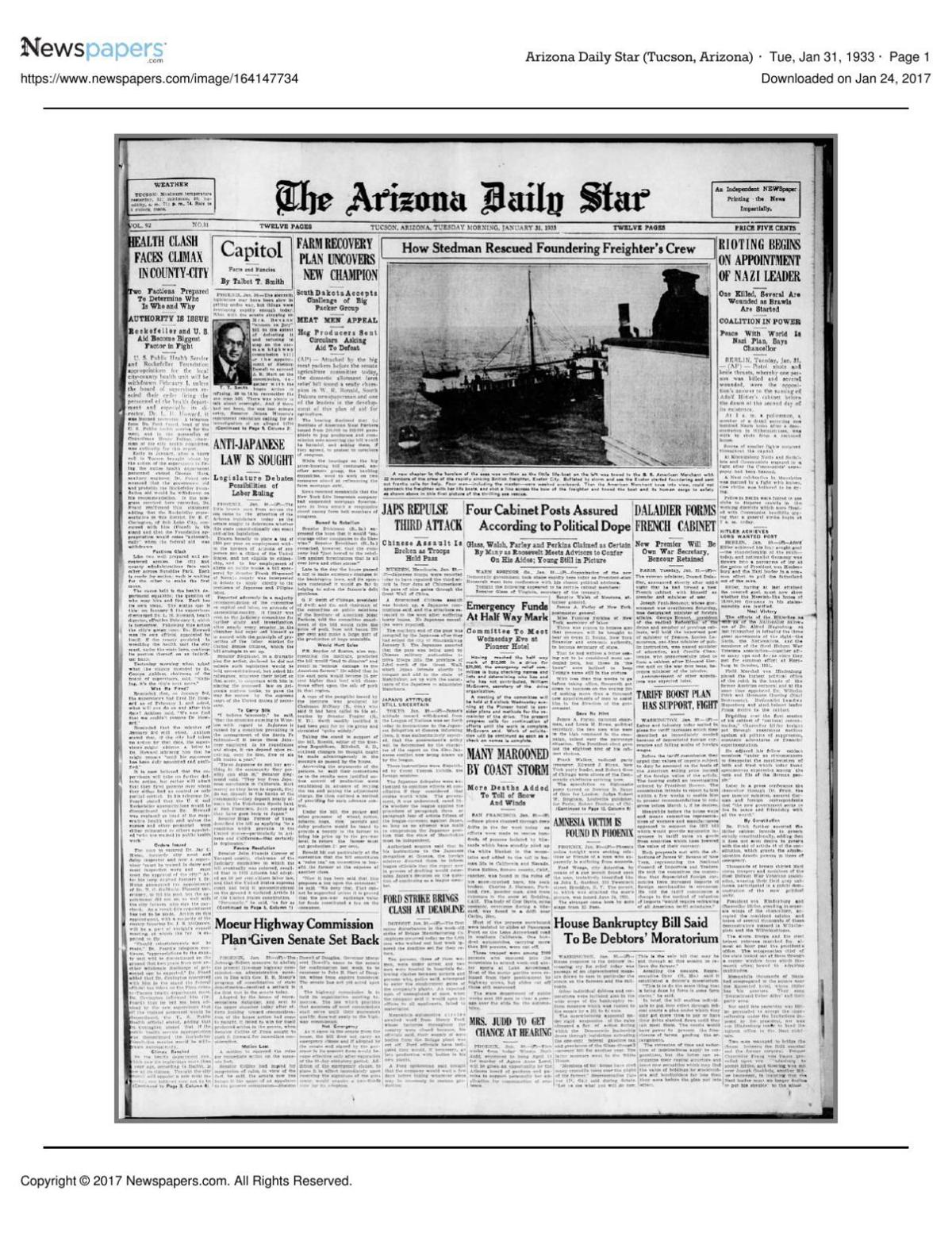 Arizona Daily Star front page Jan. 31, 1933