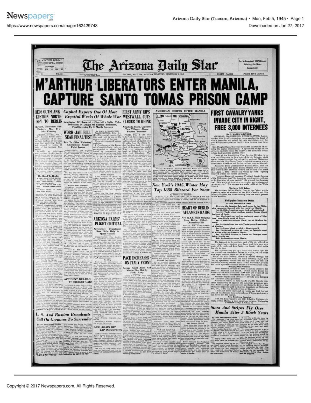 Arizona Daily Star front page Feb. 5, 1945