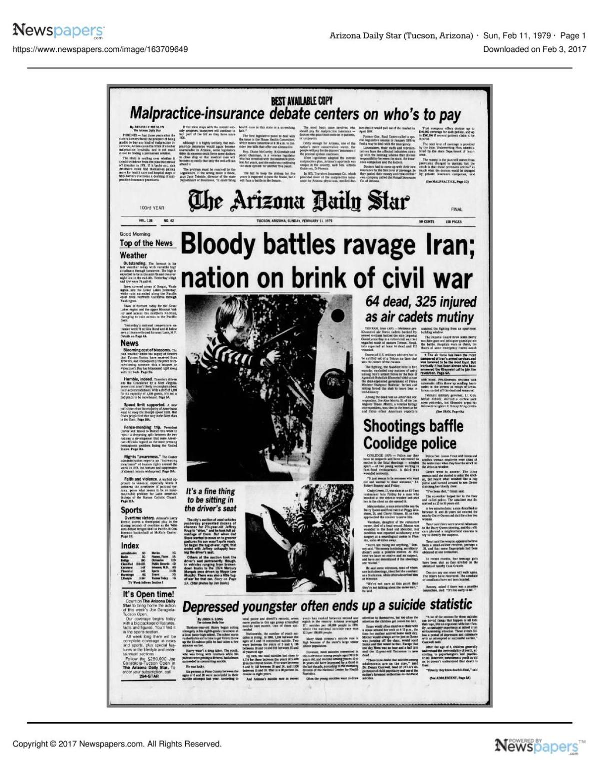 Arizona Daily Star front page Feb. 11, 1979