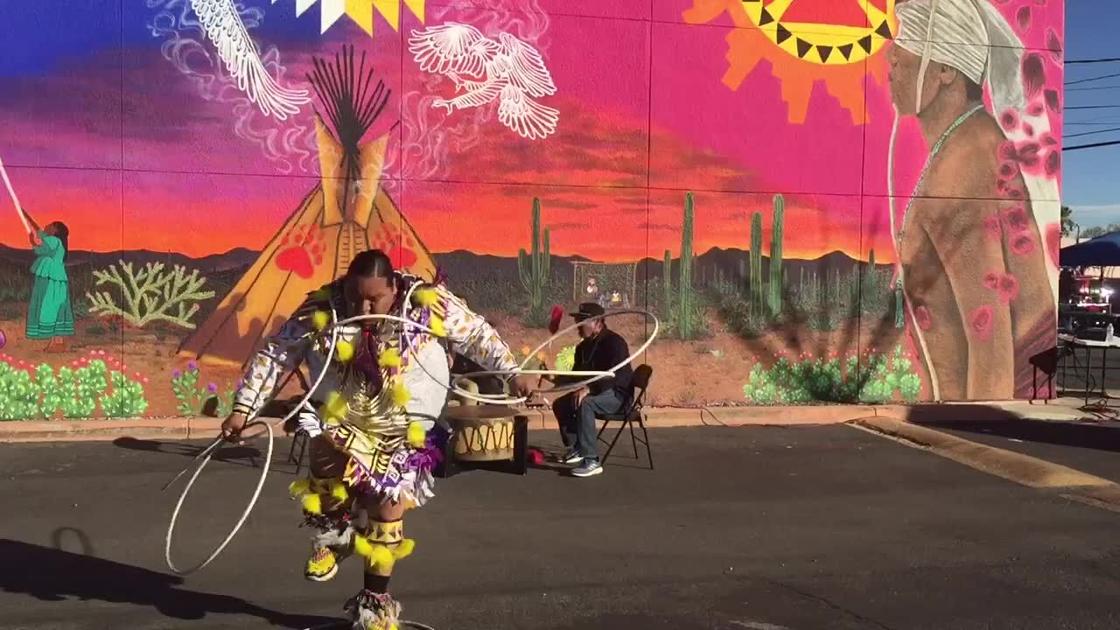 Sampson Sinquah, 2022 World Hoop Dance Champion, performs at a celebration