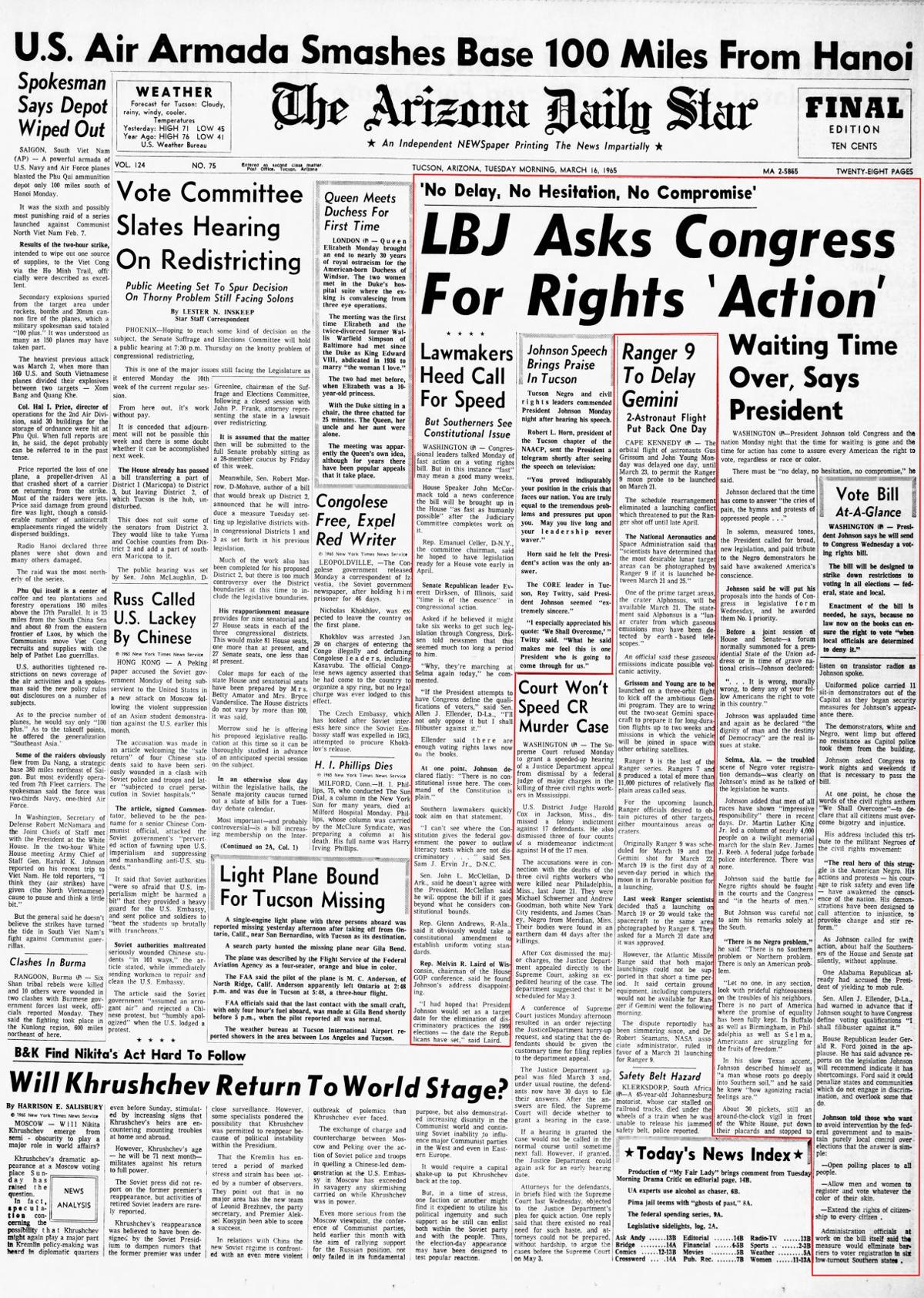 Tuesday, March 16, 1965, front page: Truman demands passage of Voting Rights Act