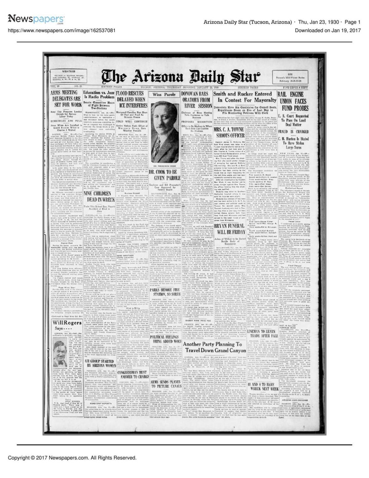 Arizona Daily Star front page Jan. 23, 1930
