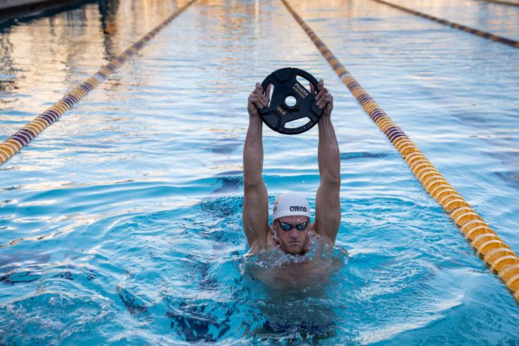 Grant House does the vertical kick drill during swimming practice at the Mona Plummer Aquatic Center, in Tempe, Arizona, on May 8, 2026.