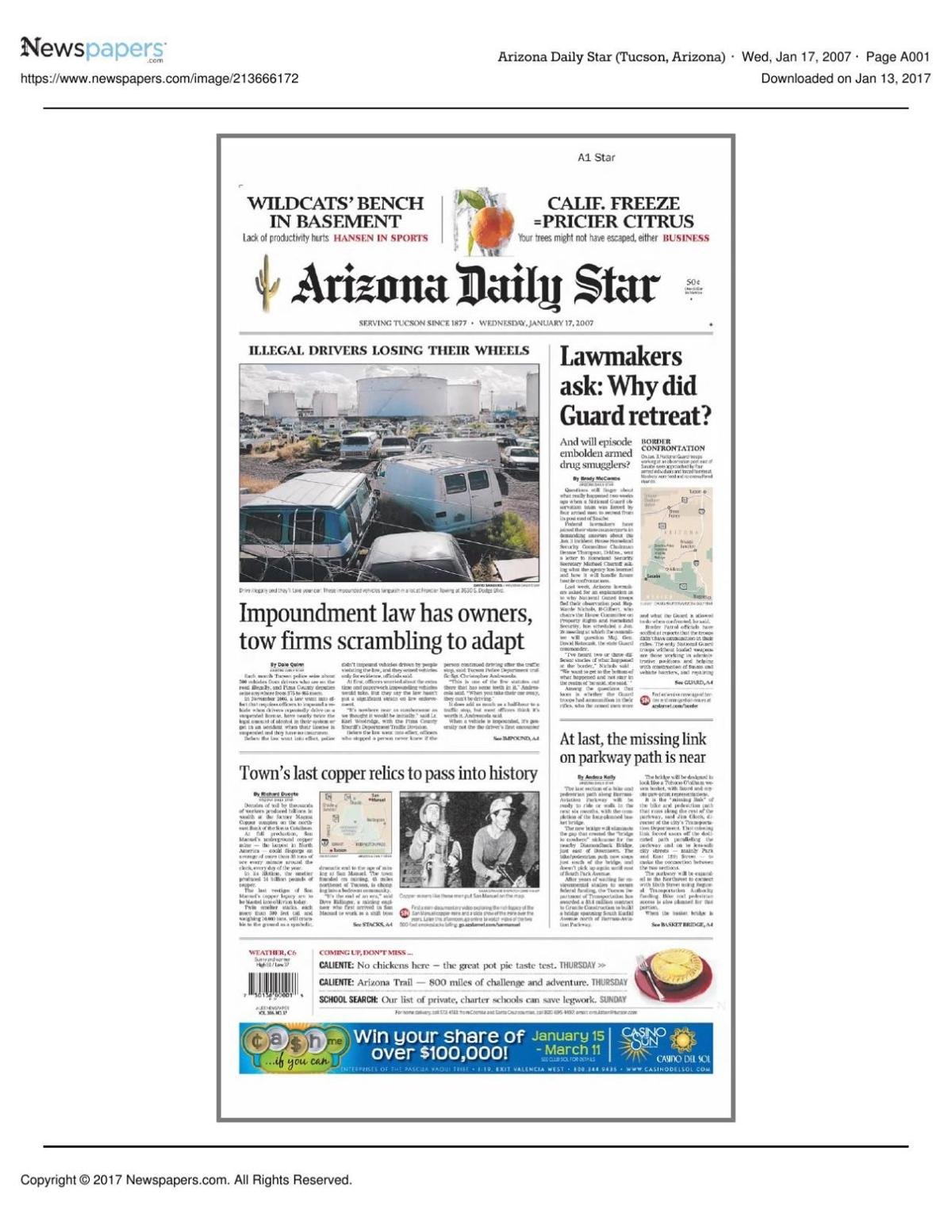 Arizona Daily Star front page Jan. 17, 2007
