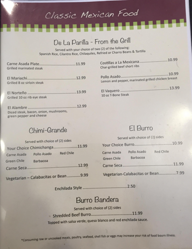 San Carlos Grill menu