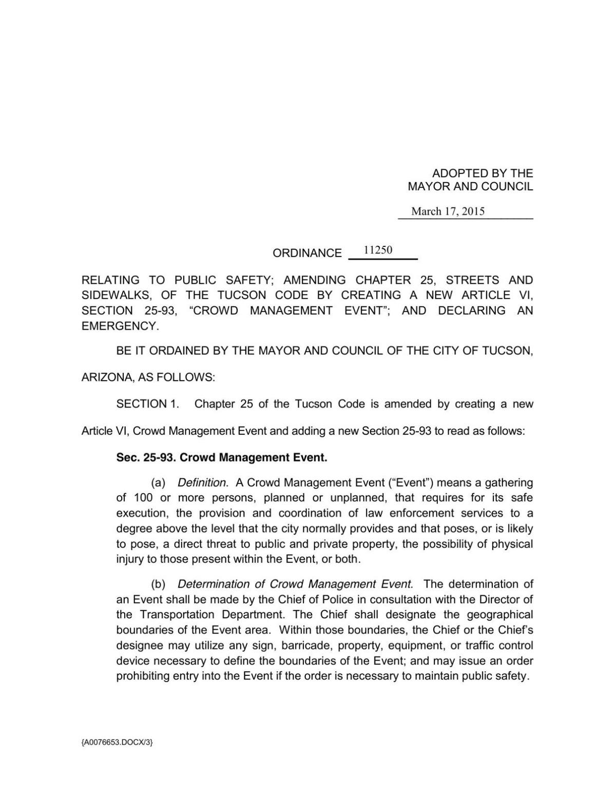 Draft "crowd management" ordinance