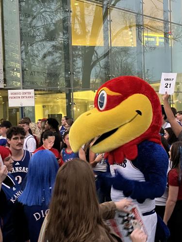 Jayhawk mascot rallies students outside Allen Fieldhouse