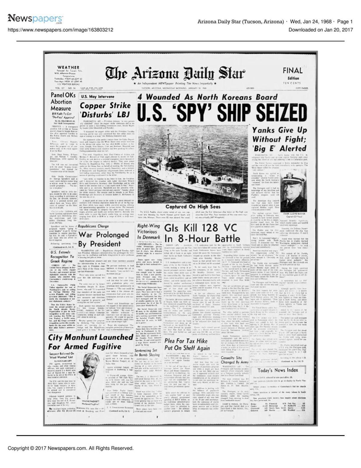 Arizona Daily Star front page Jan. 24, 1968