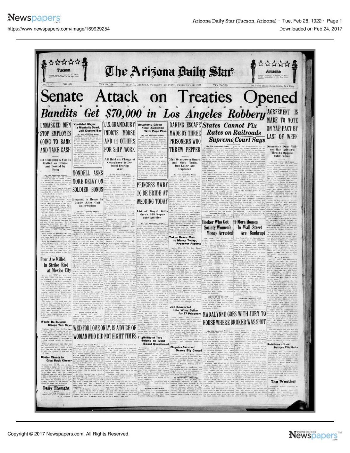 Arizona Daily Star front page Feb. 28, 1922