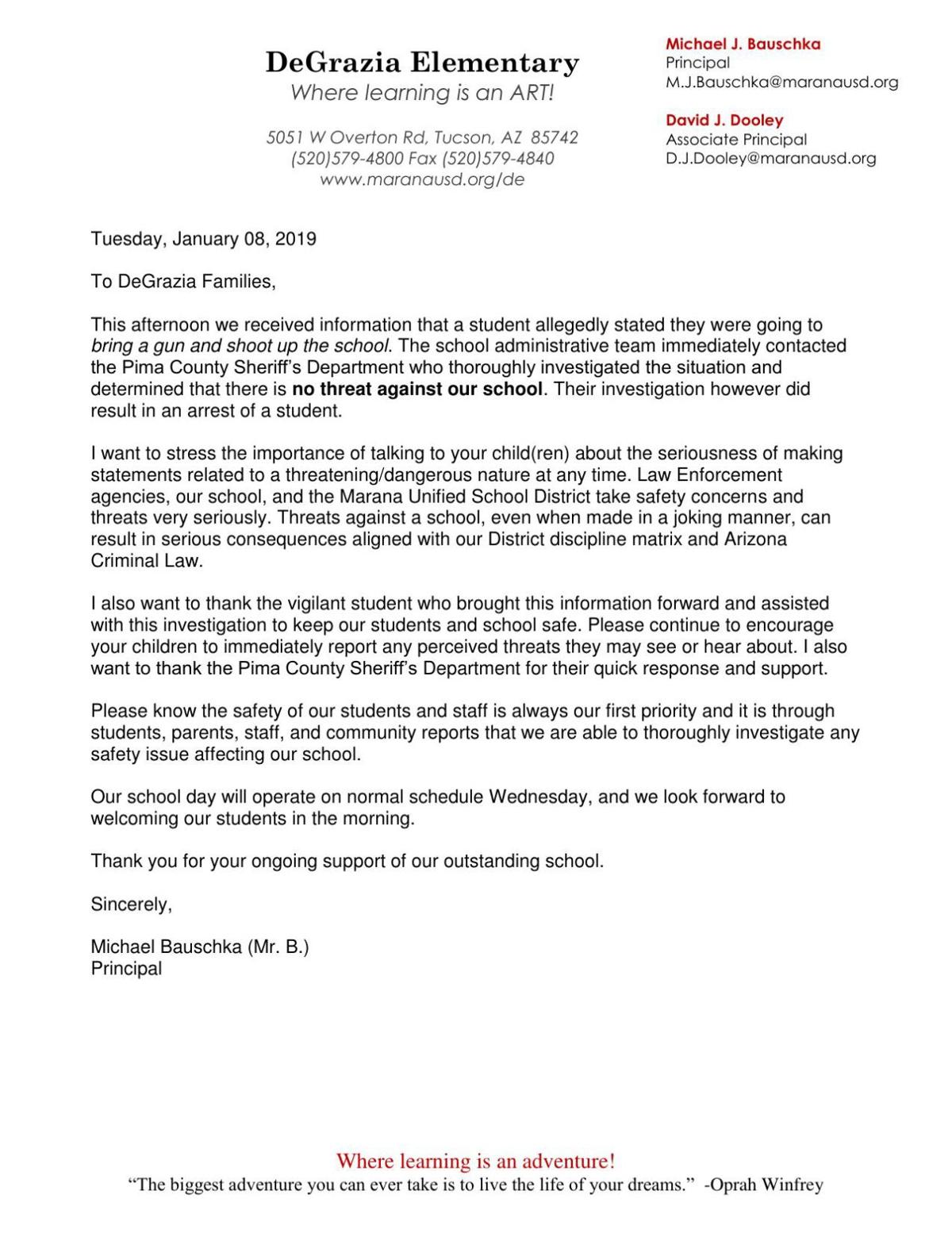 DeGrazia's letter to parents