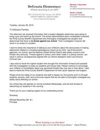 DeGrazia's letter to parents