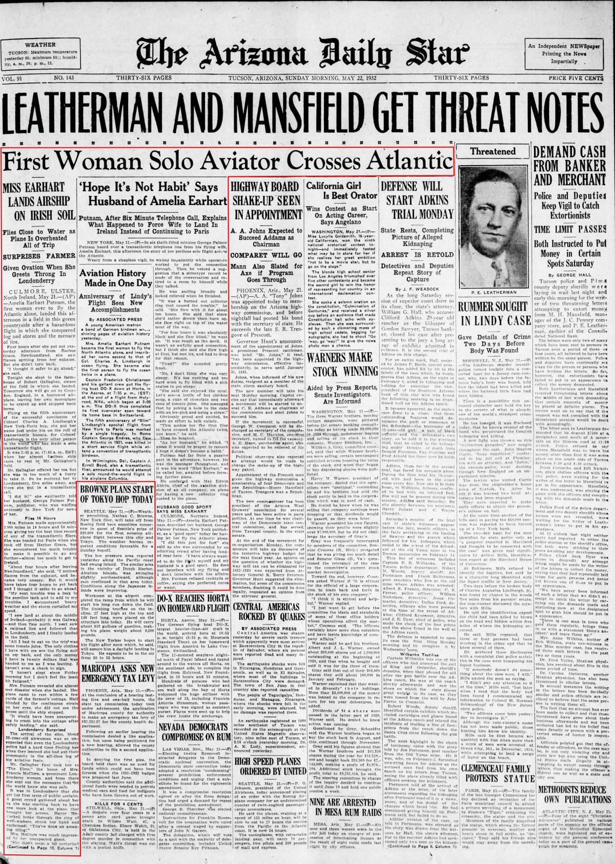 Sunday, May 22, 1932, front page: Earhart crosses the Atlantic