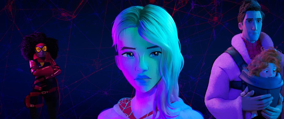 From left, Jessica Drew, Gwen Stacy, Peter B. Parker and his daughter Mayday in "Spider-Man: Across the Spider-Verse."