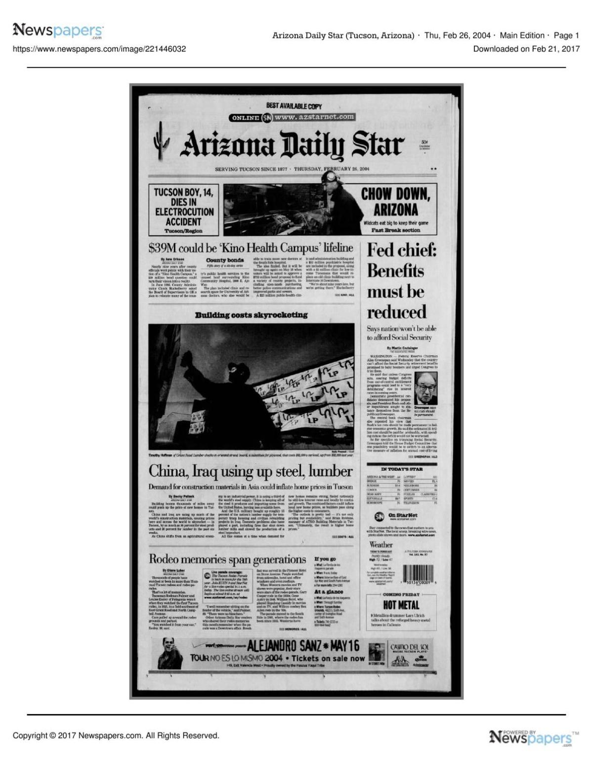 Arizona Daily Star front page Feb. 26, 2004
