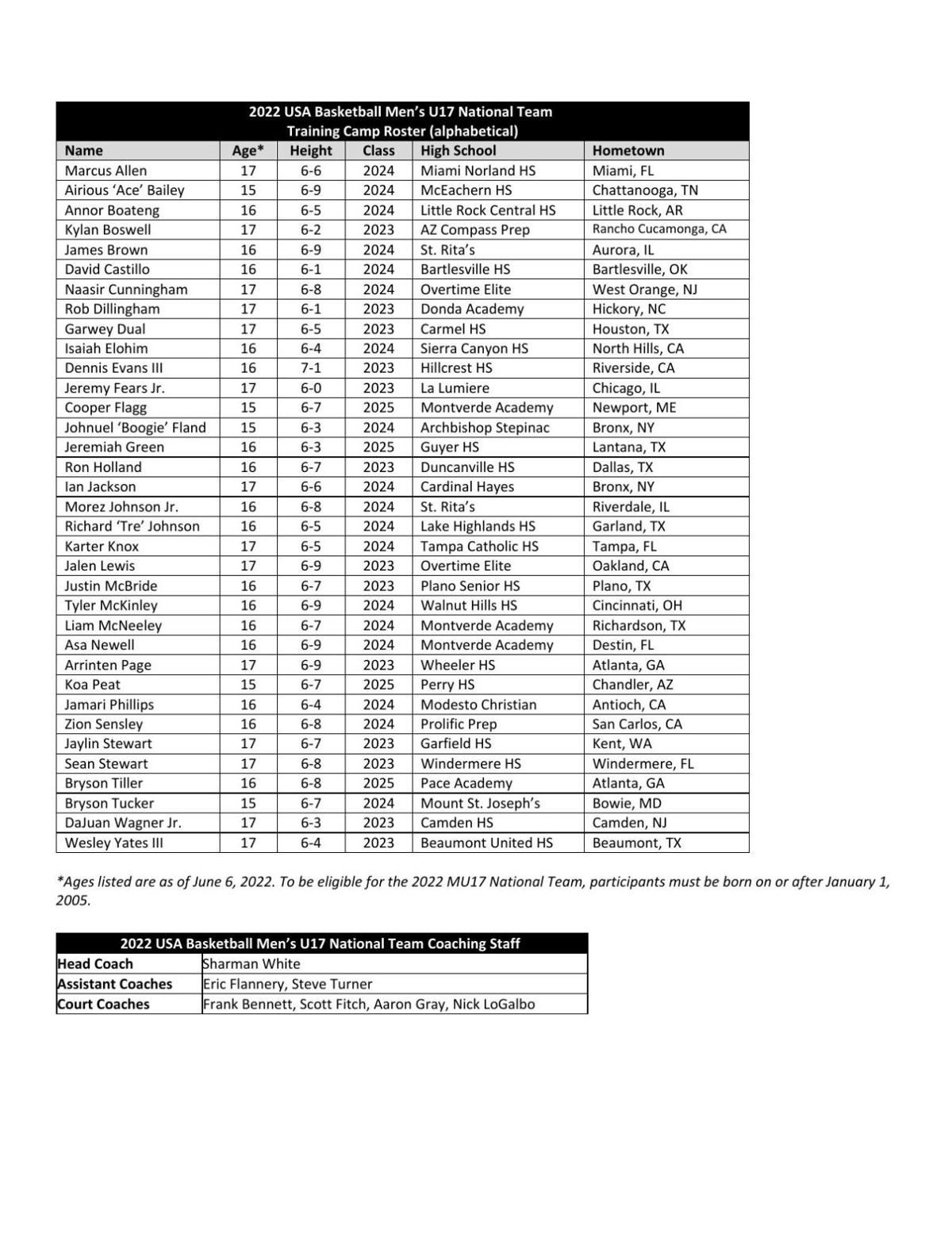 USA Basketball U17 training camp roster
