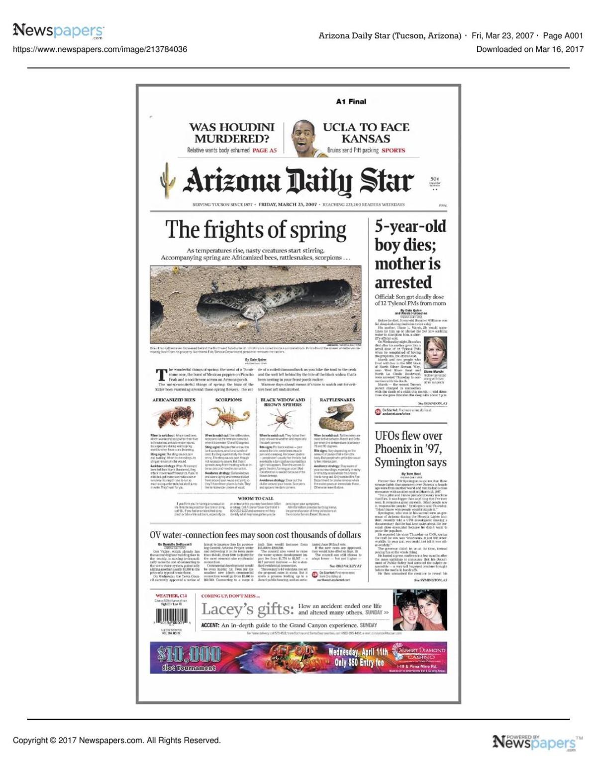 Arizona Daily Star front page March 23, 2007