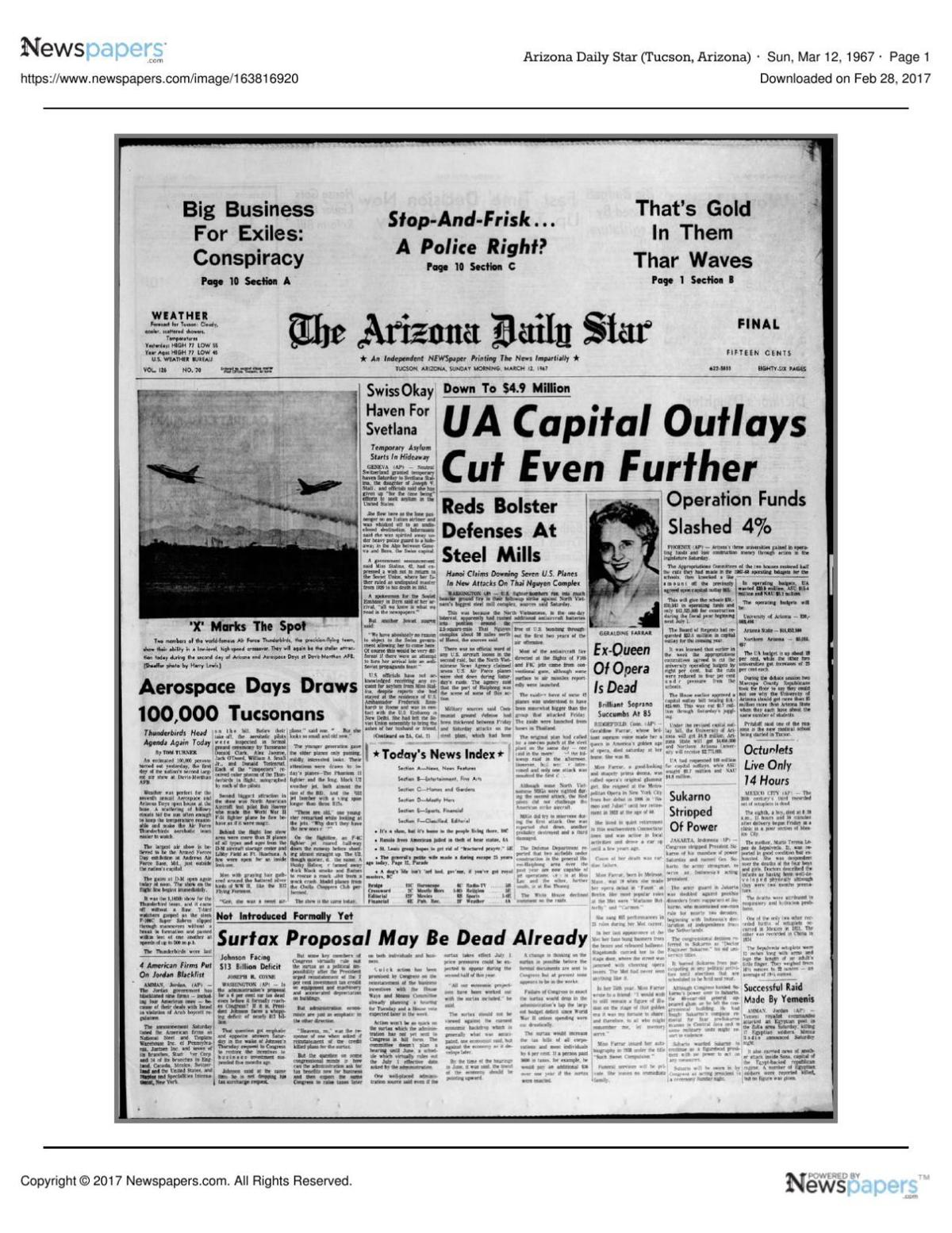 Arizona Daily Star front page March 12, 1967