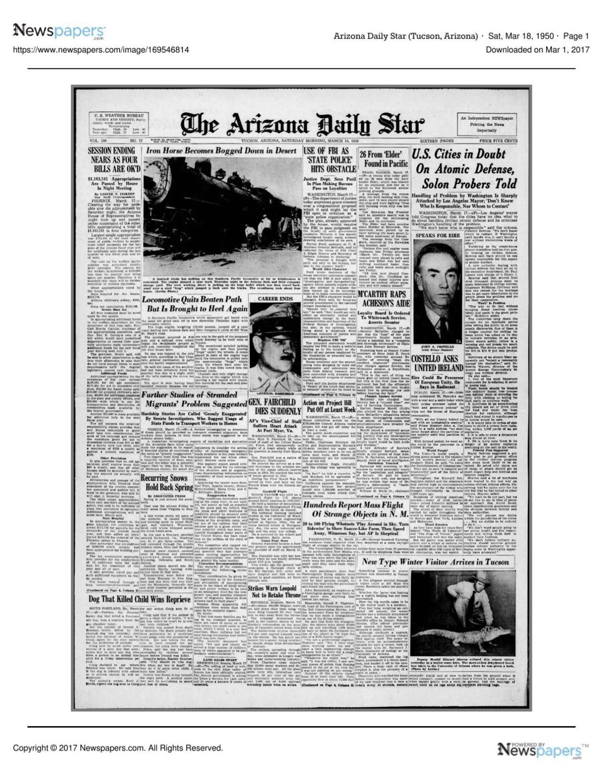 Arizona Daily Star front page March 18, 1950