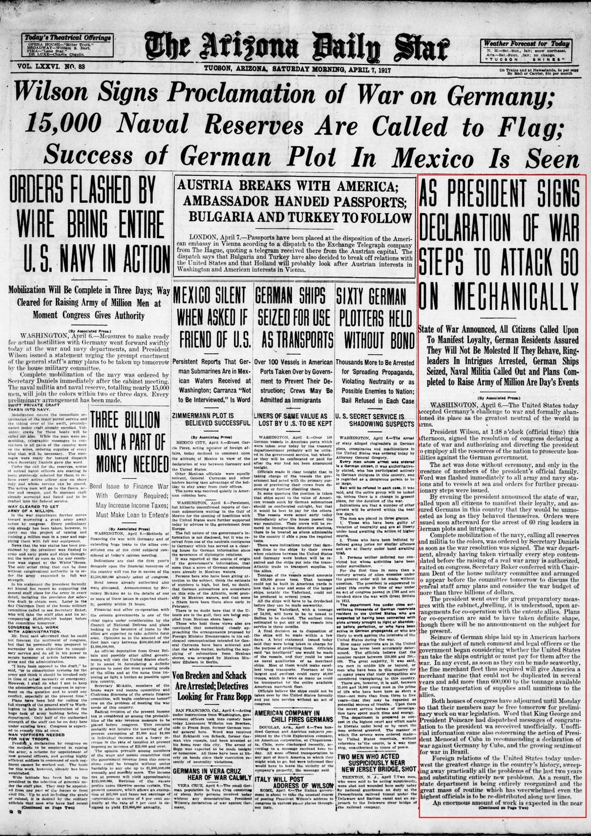 Saturday, April 7, 1917 front page: War declared