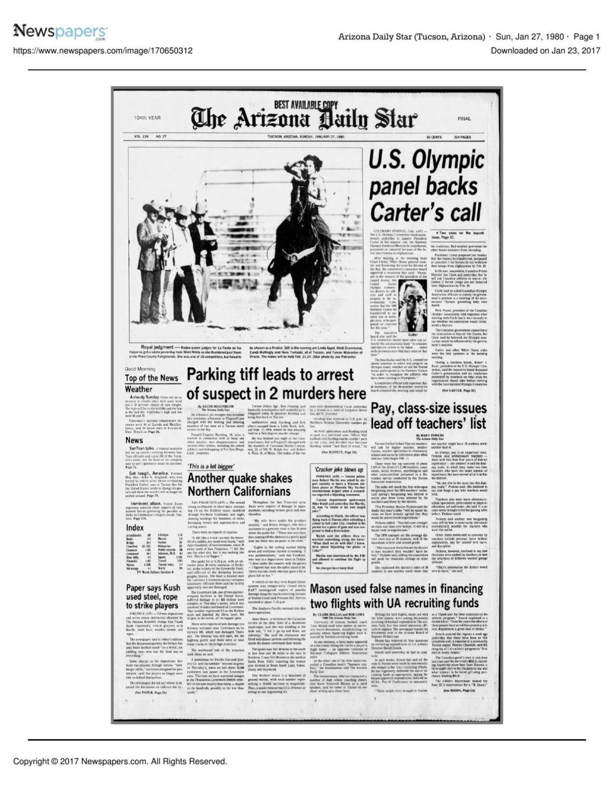 Arizona Daily Star front page Jan. 27, 1980