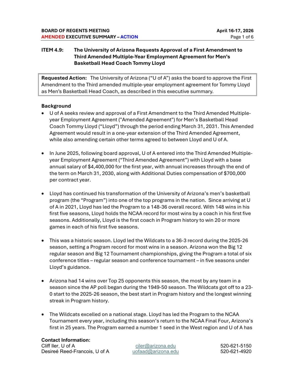 UA proposal for Tommy Lloyd's contract