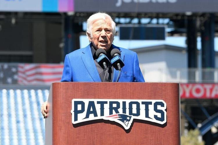 Apr 26, 2024; Foxborough, MA, USA; New England Patriots owner Robert Kraft introduces the team's number one draft pick on the game field at Gillette Stadium. Mandatory Credit: Eric Canha-USA TODAY Sports