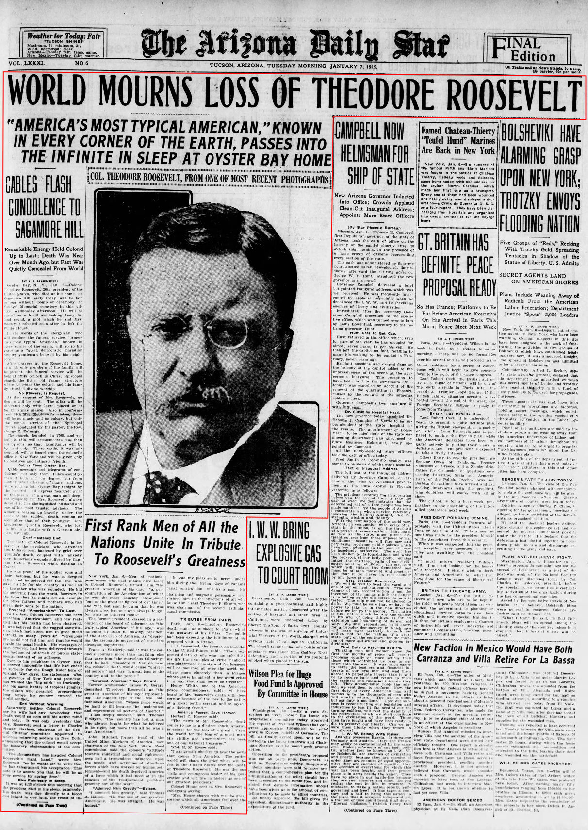 Jan. 7, 1919: Theodore Roosevelt Has Died