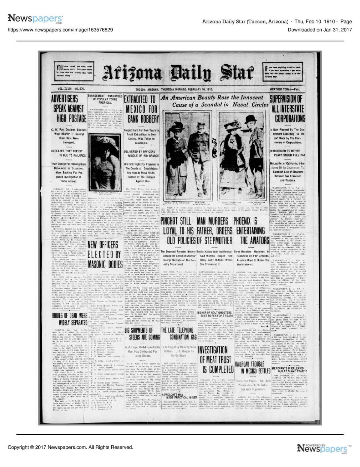 Arizona Daily Star front page Feb. 10, 1910