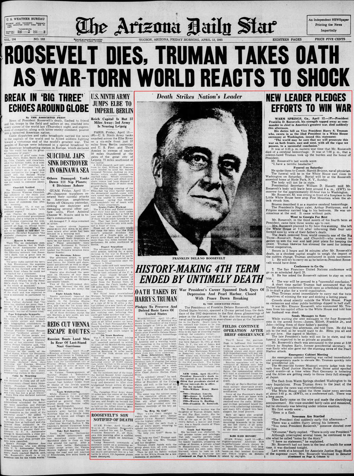 Friday April 13 1945 Front Page Franklin Delano Roosevelt Has Died Tucson Com