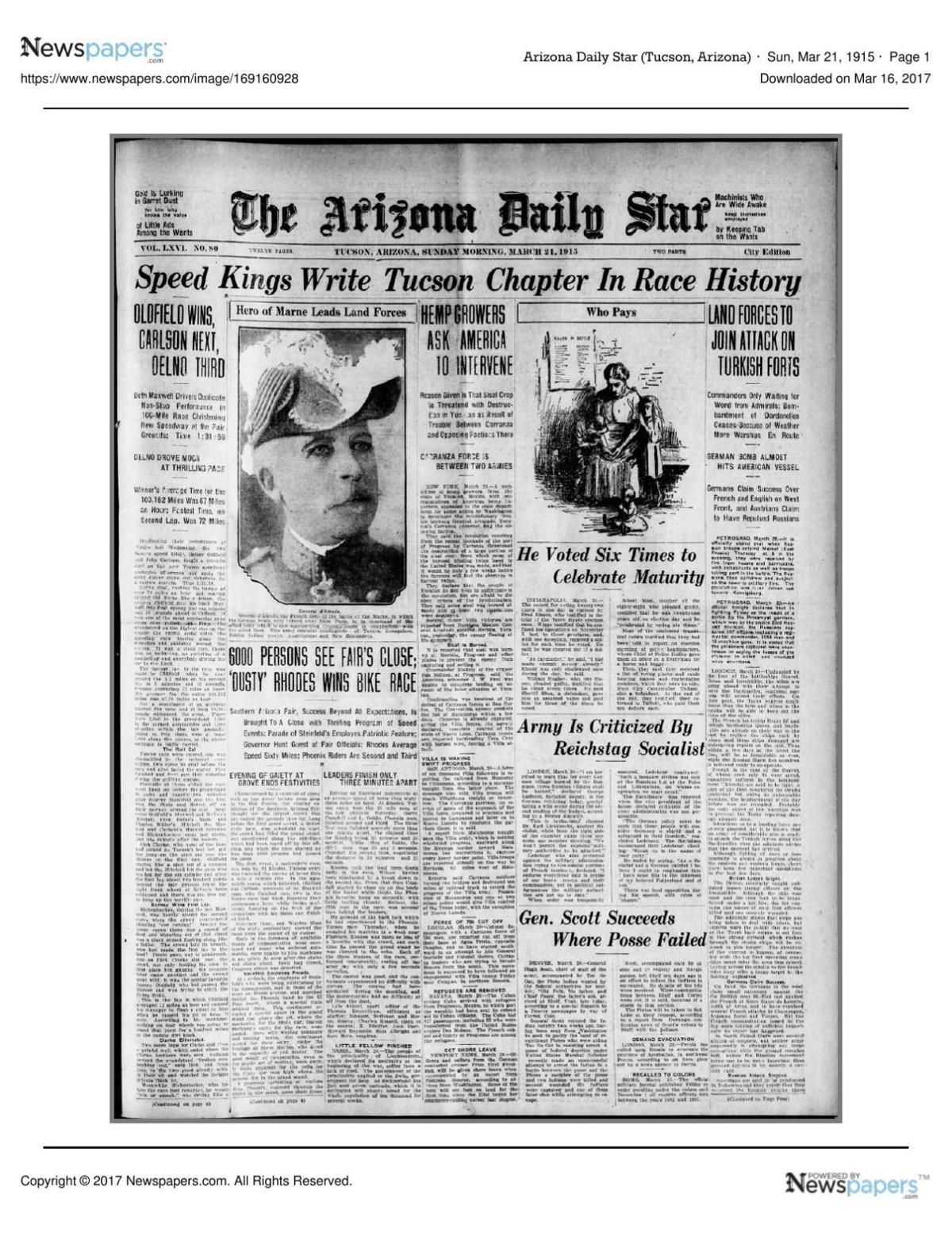 Arizona Daily Star front page March 21, 1915