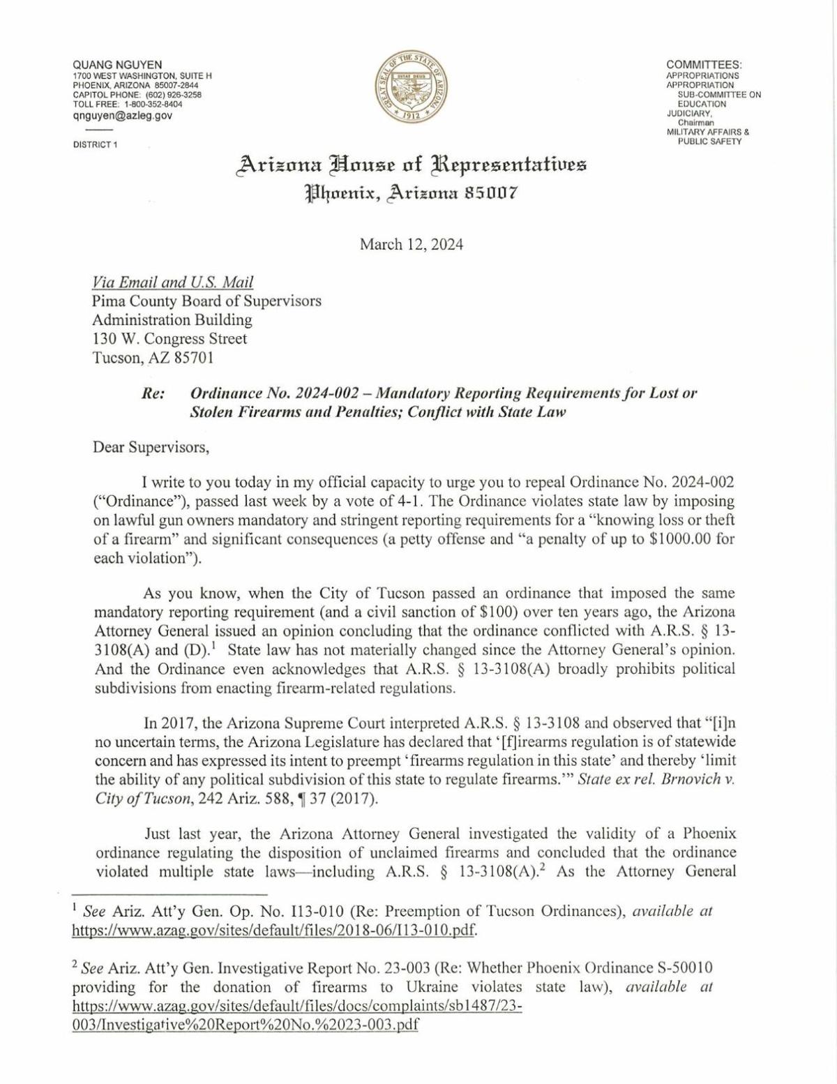 Sen. Quang Nguyen's letter to the Pima County Board of Supervisors