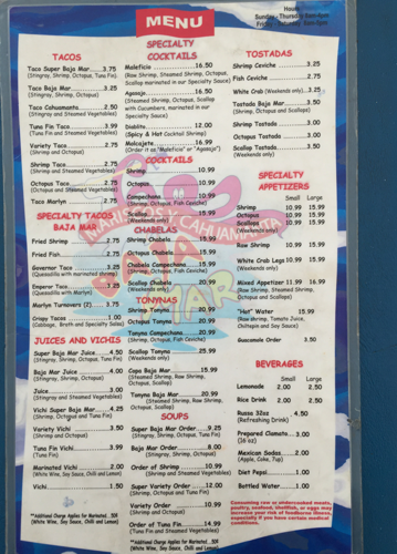 Baja Mar menu