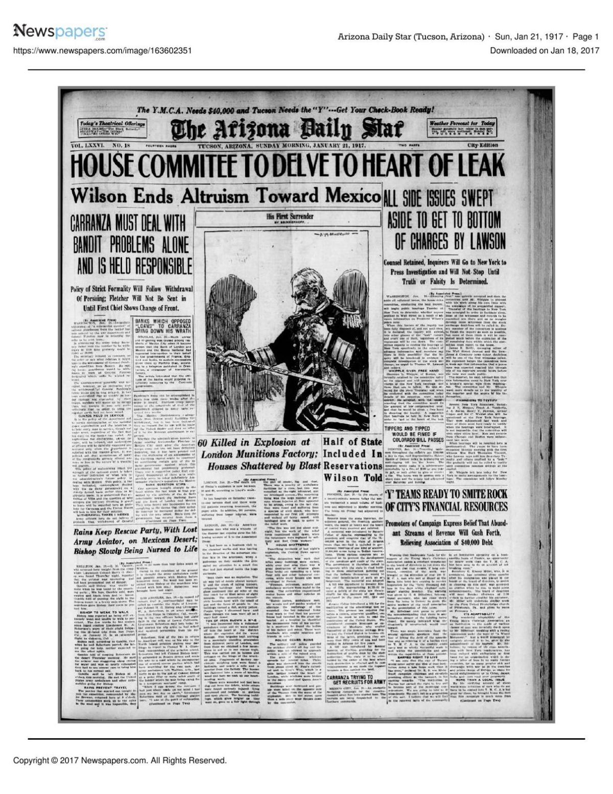 Arizona Daily Star front page Jan. 21, 1917