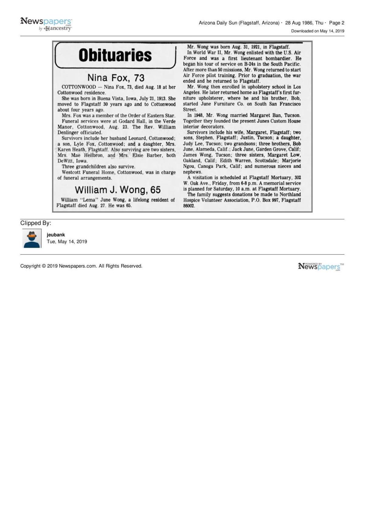 Arizona Daily Sun (Flagstaff) article Aug. 28, 1986