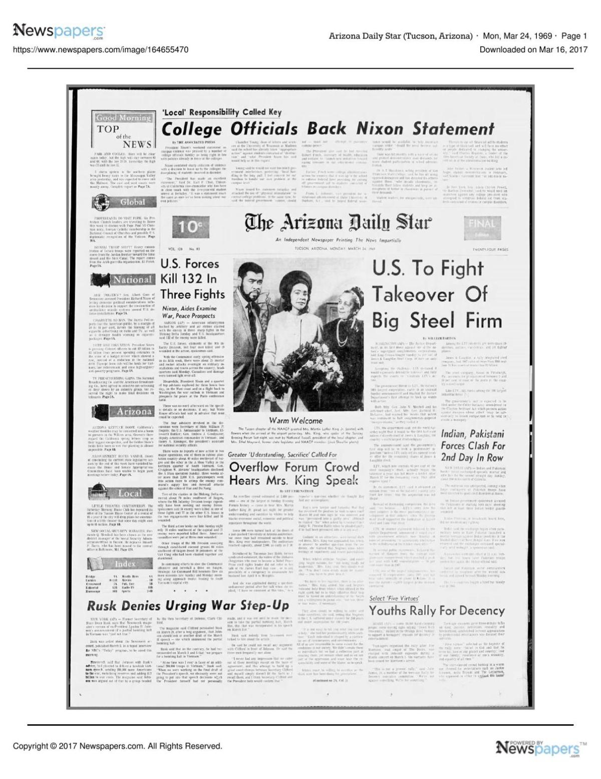 Arizona Daily Star front page March 24, 1969