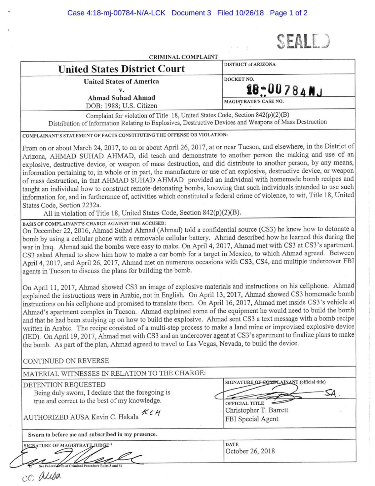 Criminal complaint against Ahmad S. Ahmad