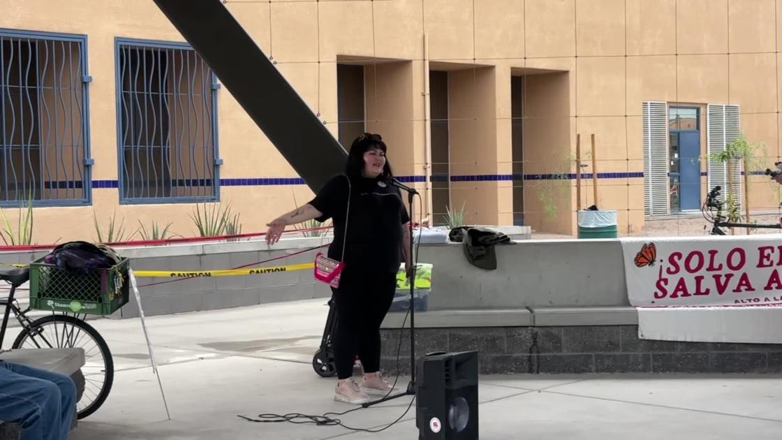 Karla Toledo, Tucson DACA recipient who was recently detained by ICE speaks during a small ICE OUT protest at Armory...
