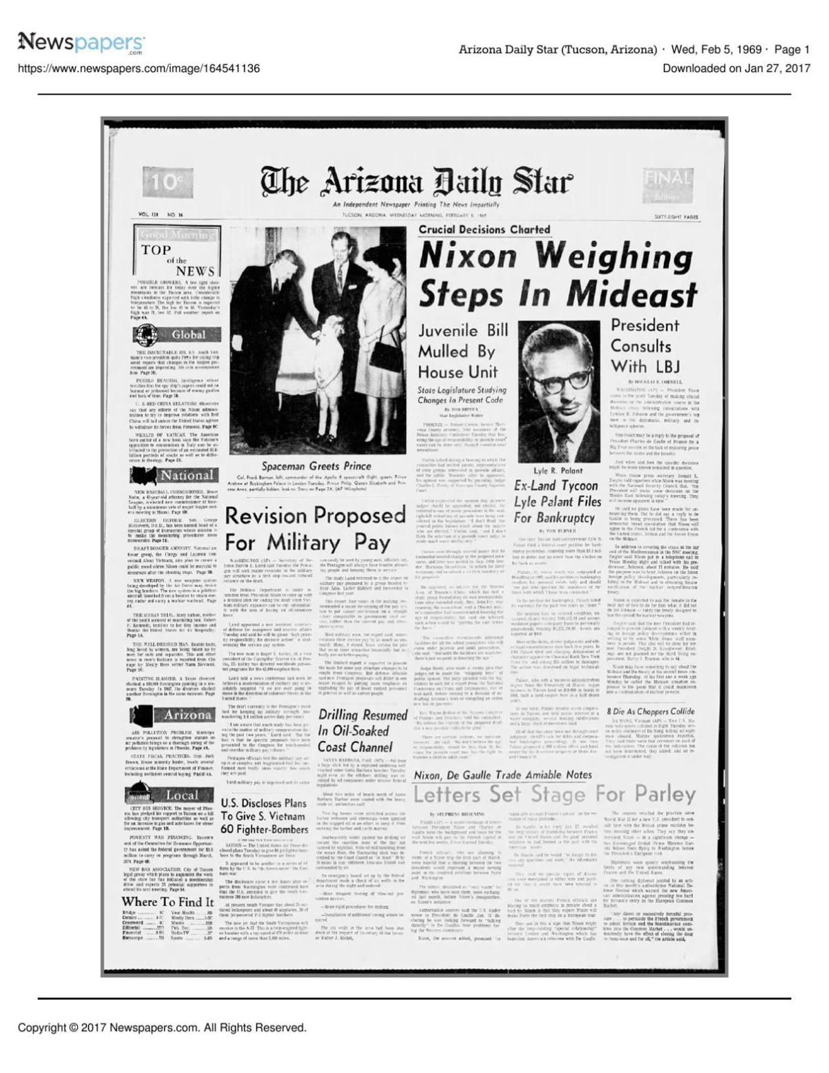 Arizona Daily Star front page Feb. 5, 1969