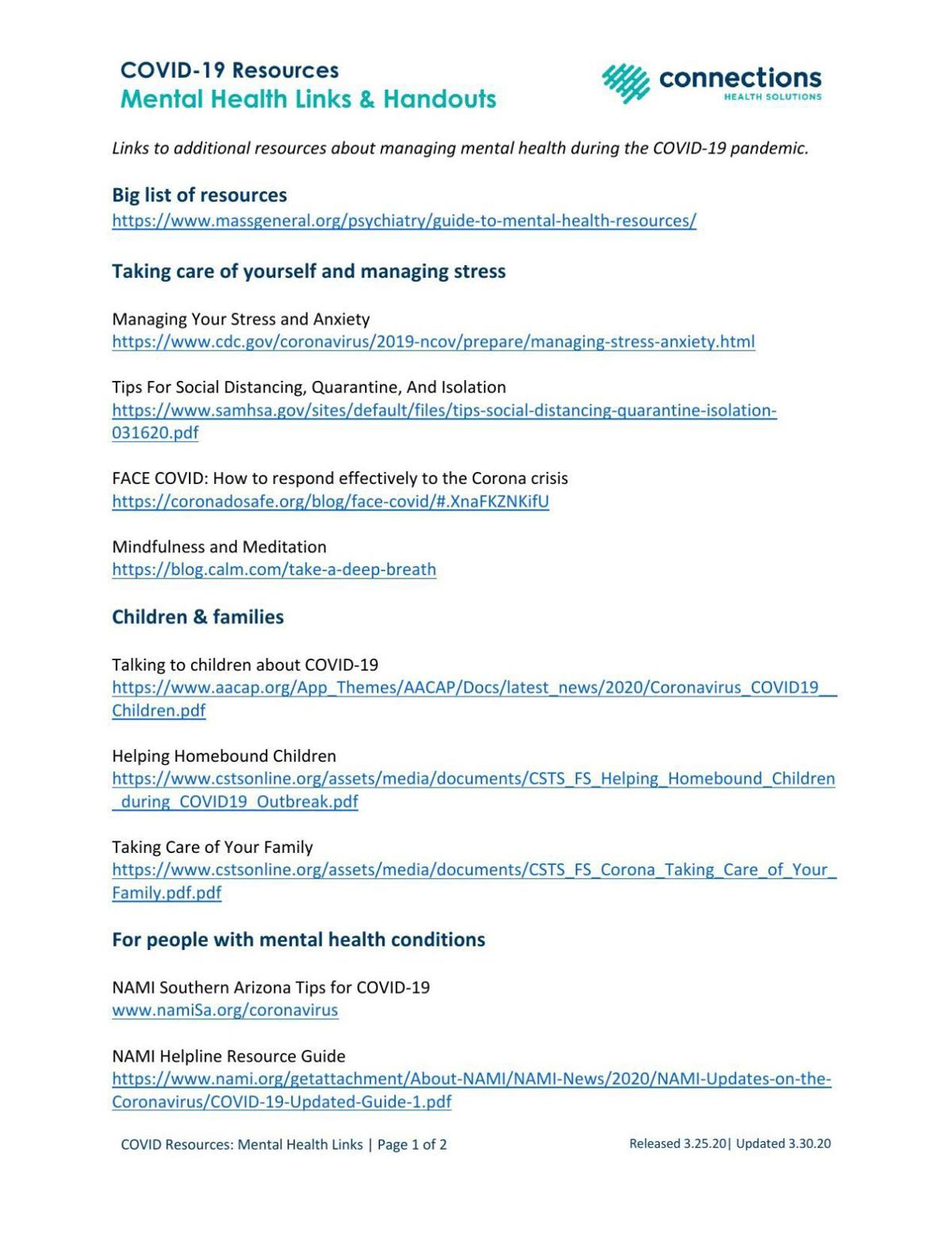 Resources for mental-health help during the Covid-19 outbreak