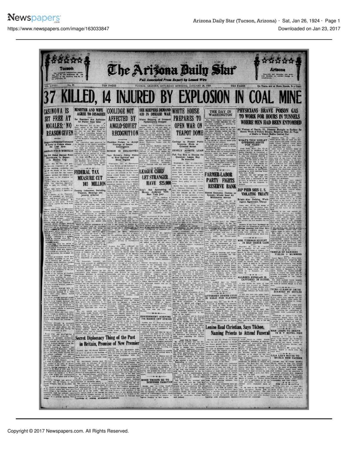 Arizona Daily Star front page Jan. 26, 1924