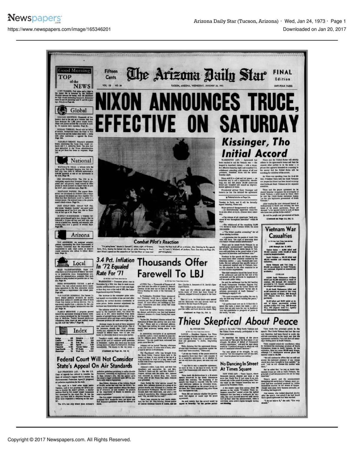 Arizona Daily Star front page Jan. 24, 1973
