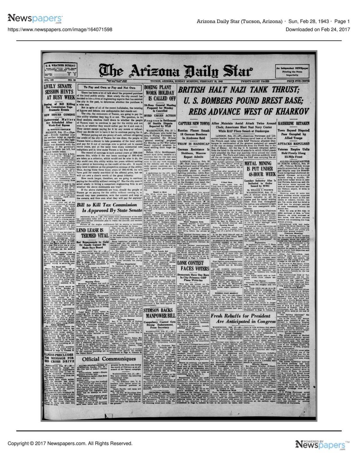 Arizona Daily Star front page Feb. 28, 1943