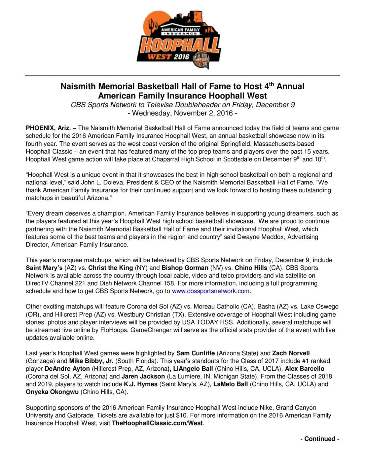 Hoophall West schedule