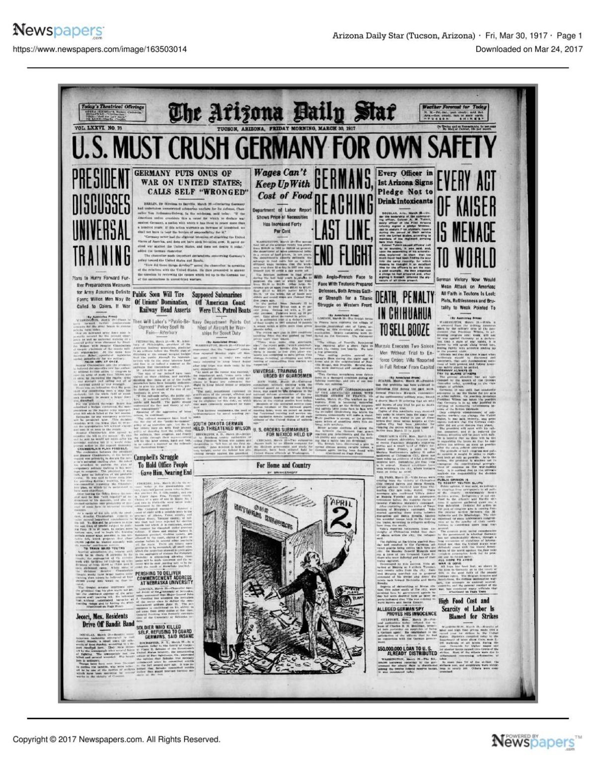 Arizona Daily Star front page March 30, 1917