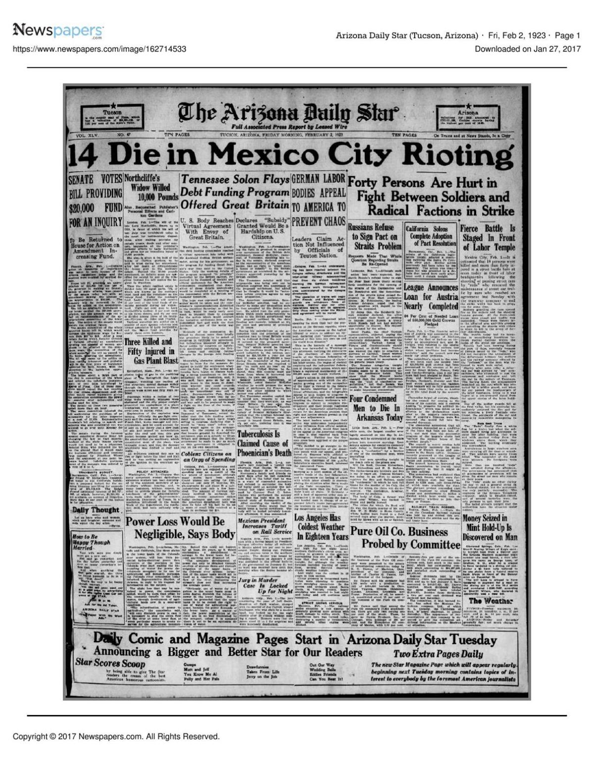 Arizona Daily Star front page Feb. 2, 1923