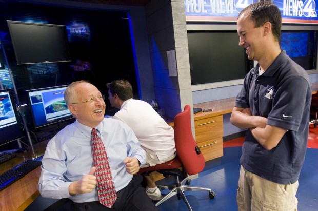 Jimmy Stewart jokes around with weekend meteorologist Jeff Beamish