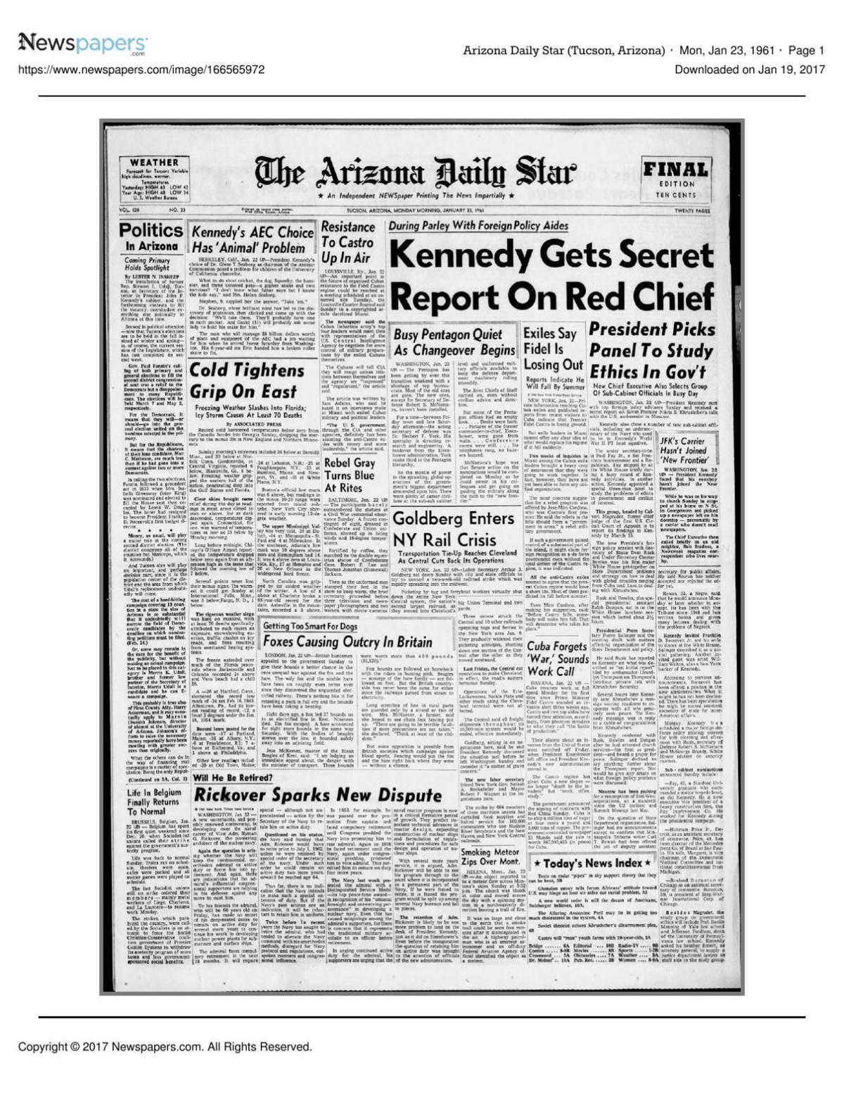 Arizona Daily Star front page Jan. 23, 1961