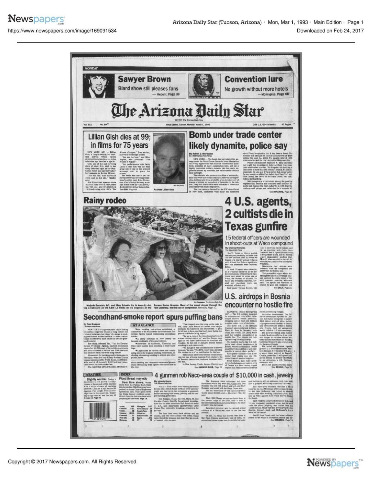 Arizona Daily Star front page March 1, 1993